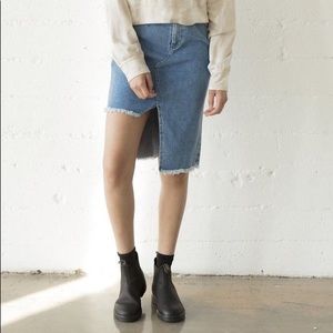 R.G. Kane Raw Hem Cut out Denim Skirt high rise straight a-line